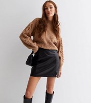 New Look Black Leather-Look High Waist Split Hem Mini Skirt